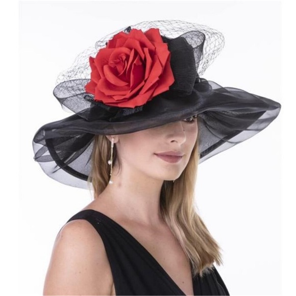 Kentucky Derby Church Dress Hat for Women Formal Bridal Party Prom Black and Red - Picture 3 of 6